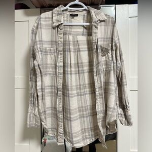 Dynamite Plaid Long Sleeve Button Up | Beige/White